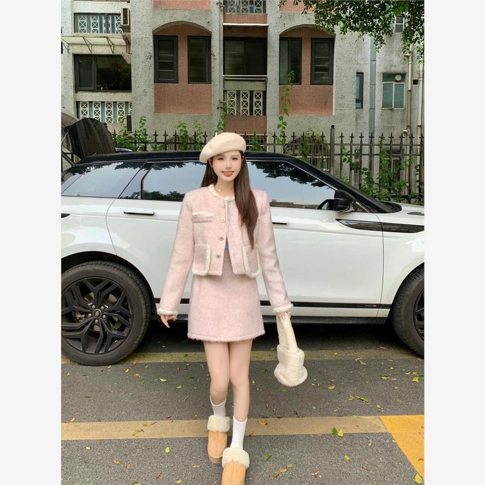 Womens Stylish Plush Short Coat And Skirt Set