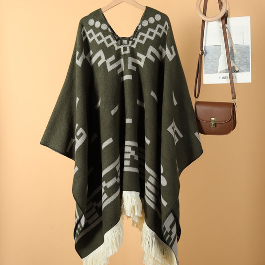 Western Denim Style Men's And Women's Shawl Tassel Pullover Keep Warm Outdoor Large Cloak