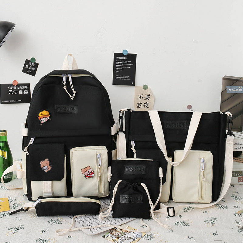 College Students' Backpack Five-piece Contrast Color Canvas School Bag