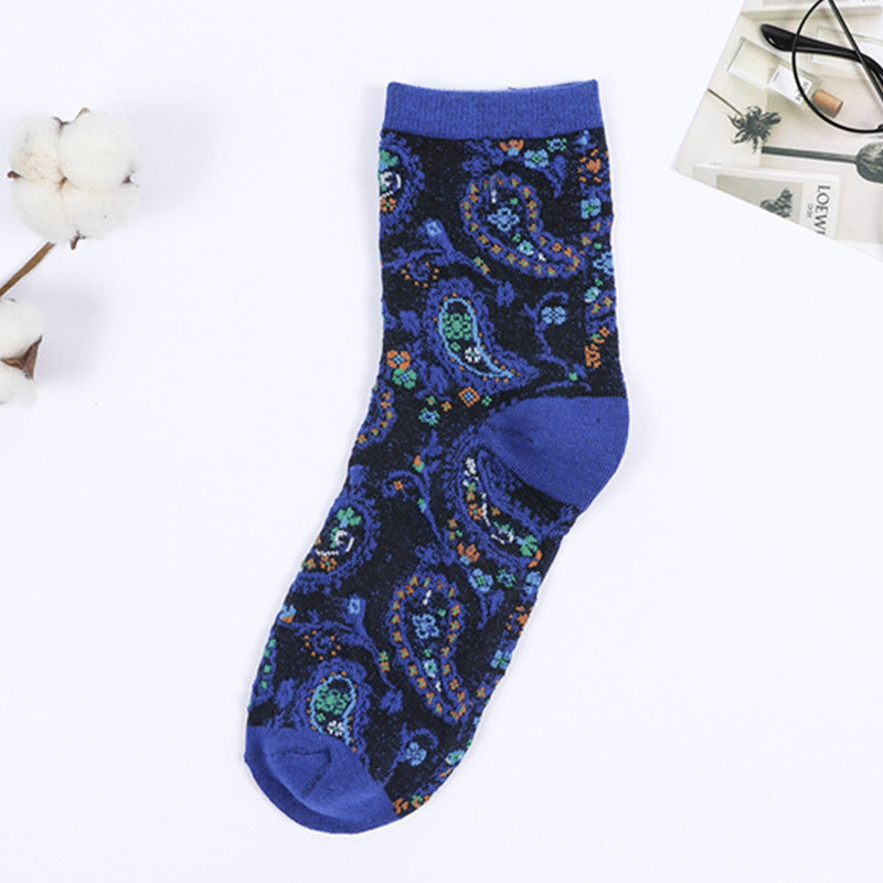 Ethnic French Romantic Vintage Flower Women's Medium Cotton Socks