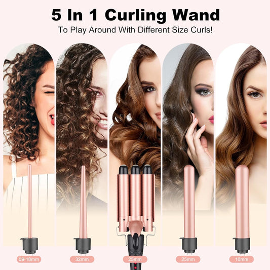 Rizador De Cabello, Rizador Profesional De Cabello De 9-32 Mm, Rizos Intercambiables Multifunción 5 En 1, Calentamiento Instantáneo Con Guante Protector Contra Para Cabello Largo Y Corto