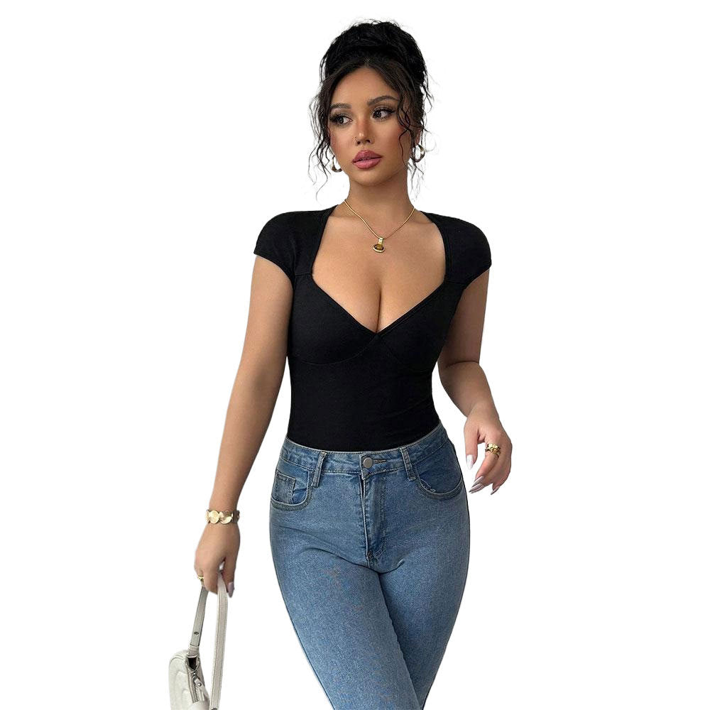 Simple Sexy V-neck T-shirt With Backless Design Short Slim-fit Top