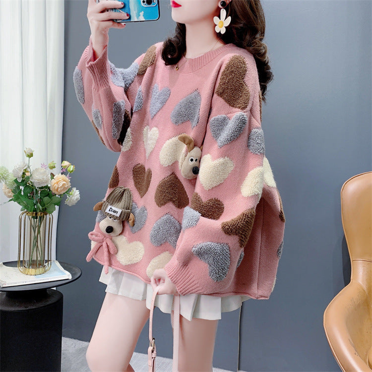 Gentle Younger Sweet Tridimensional Puppy Round Neck Sweater Women's Autumn And Winter New Loose Heart Knitted Top