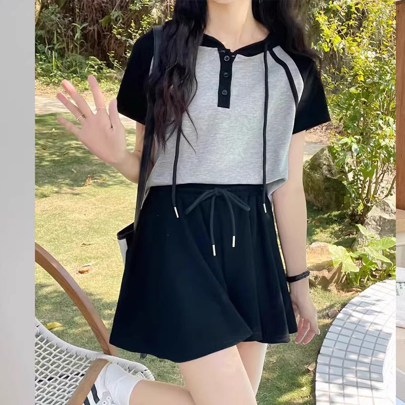 Double Zipper Hooded T-shirt And Shorts Two-piece Set