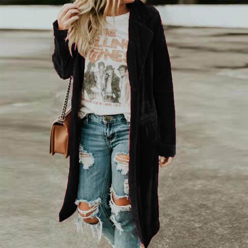 Womens European And American-style Gold Velvet Loose Mid-length Coat