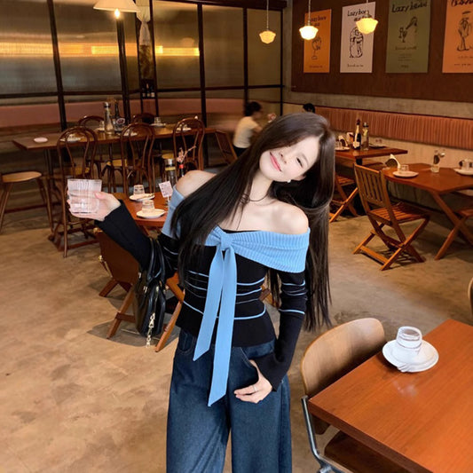 Contrast Color Striped Off-shoulder Sweater Women's Short Strapless Top