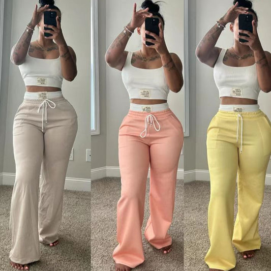 Womens Casual Contrasting Color Layered Loose Sporty Pants Set