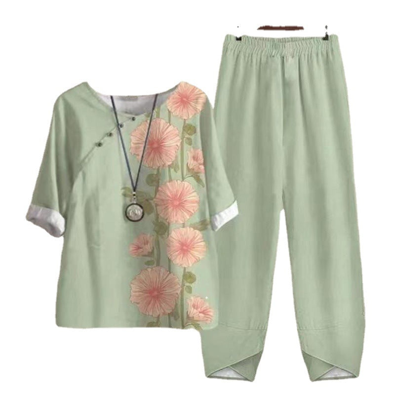 Women's Spring Five-quarter Sleeve Printed Top Two-piece Pants