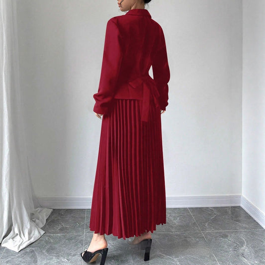 Womens Double-Breasted Top And Pleated Skirt Set