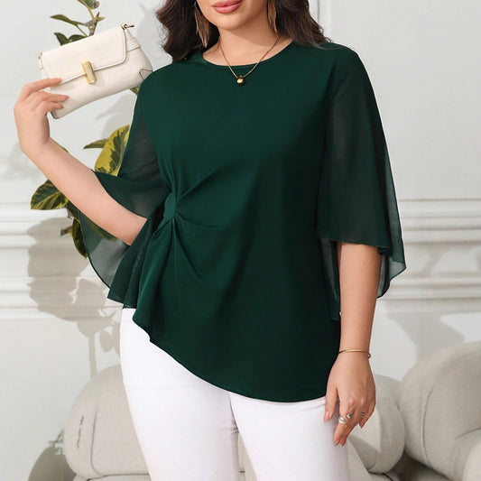 Elegant moderigtig afslappet stil plus size chiffon T-shirt med kronbladærmer og korte ærmer