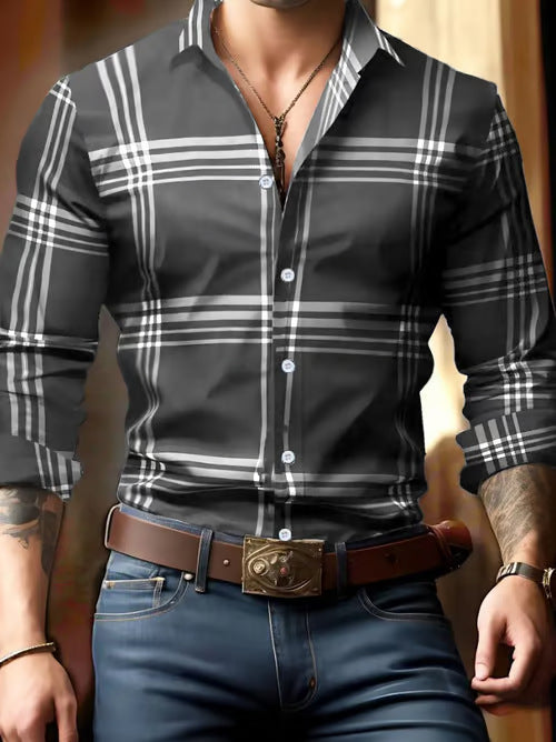 Digital Printing Striped Plaid Men's Long Sleeve Shirt