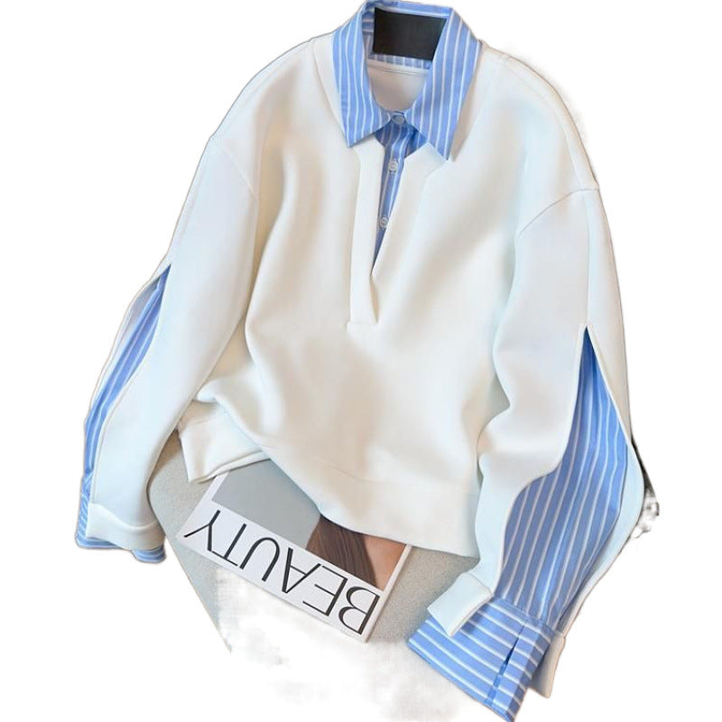 Women's Faux Two-Piece Striped Patchwork Collar Shirt-Hoodie Top