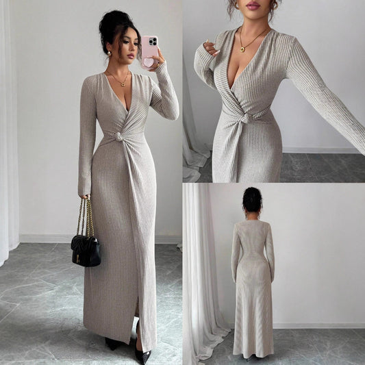 Solid-color Sexy V-neck Long-sleeve High-slit Dress