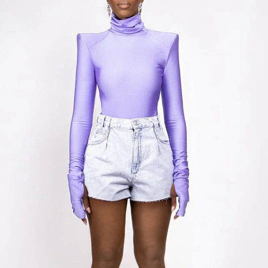 Solid Color Bottoming Women's Heaps Collar Long Sleeve Finger Stall Tight Jumpsuit