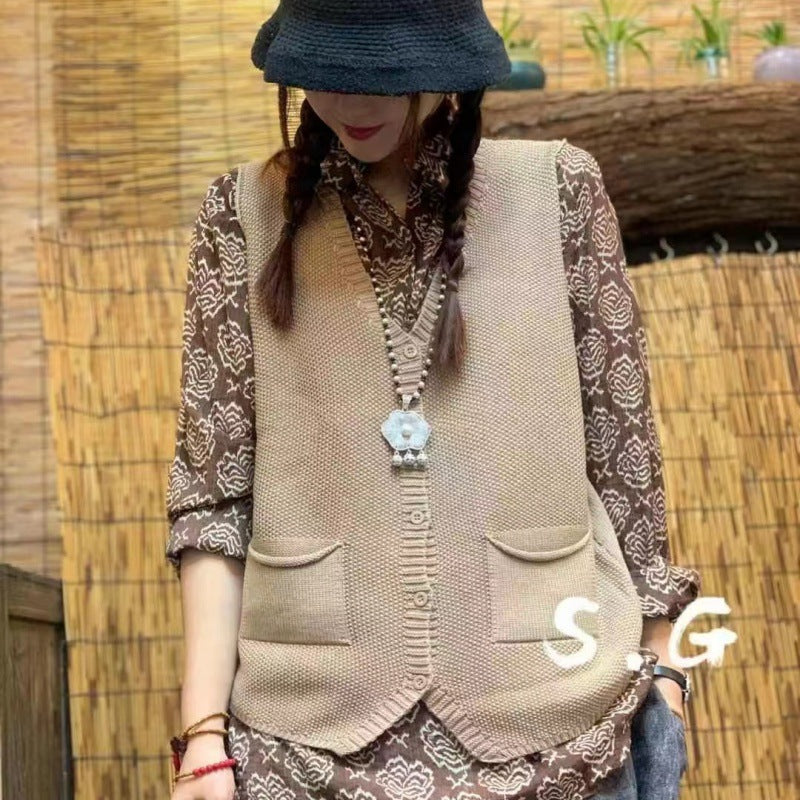 New Versatile Retro Solid Color And V-neck Vest