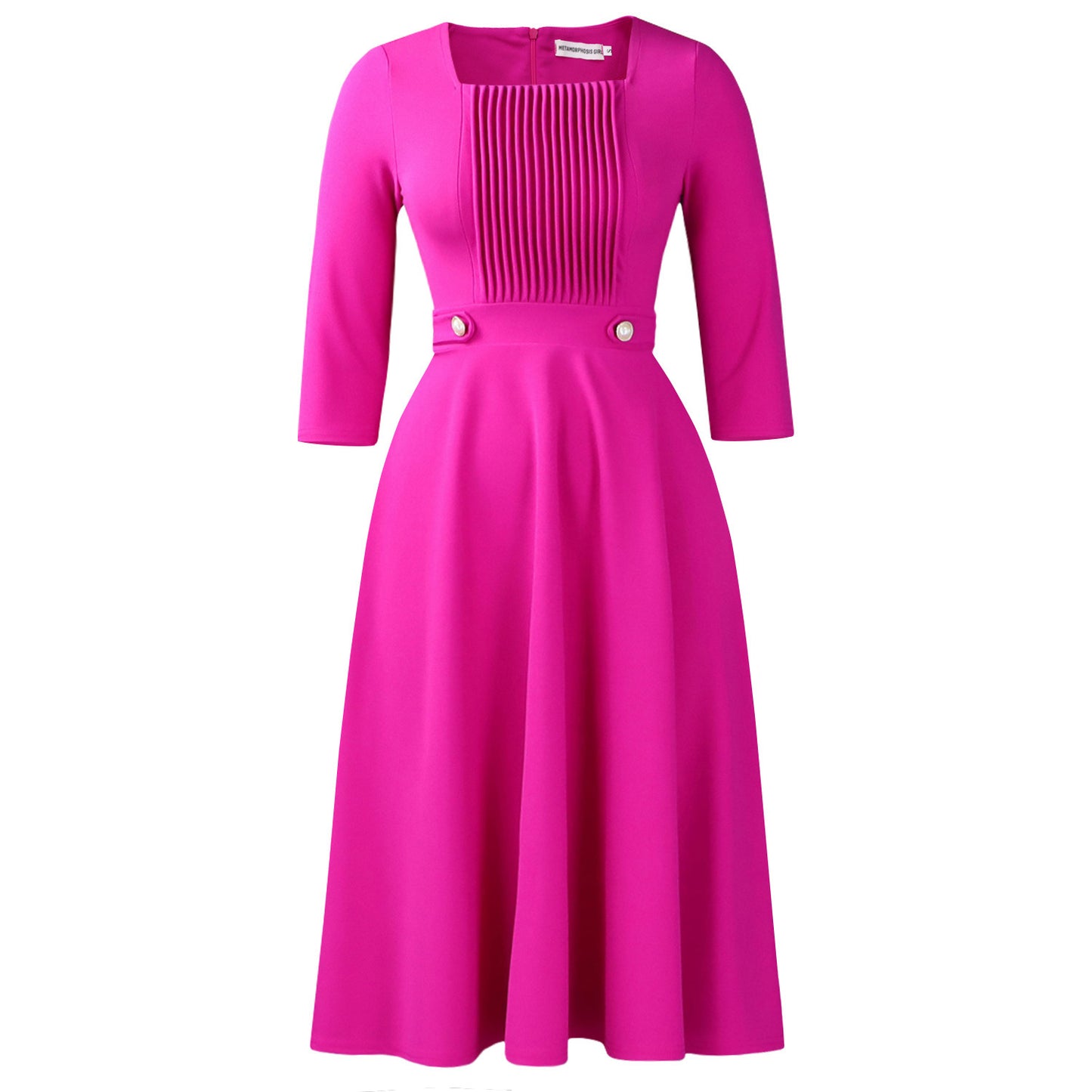 Fashionable Square-Neck Solid-Color Pleated Plus-Size Dress