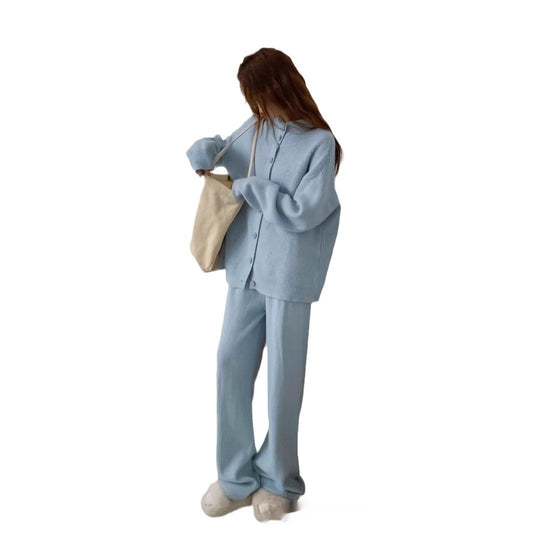 Knitting Suit Women's Half Turtleneck Single-breasted Coat High Waist Wide Leg Pants Fashion
