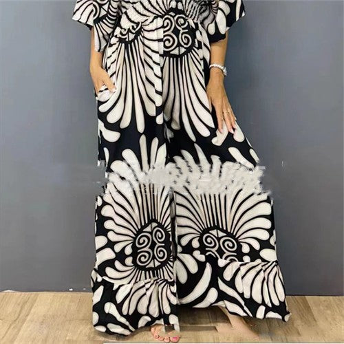V-neck Printed High Waist Plus Size Women's Jumpsuit