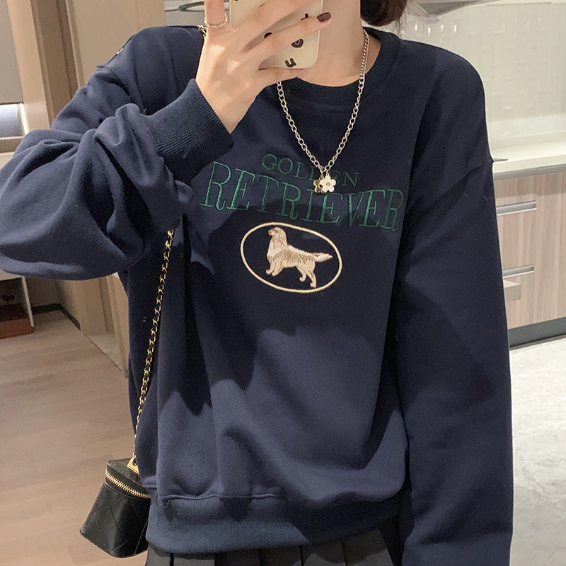 Koreansk stil rundhalset pullover til kvinder efterår og vinter, ny løs oversize stil med broderi, tegneserie, langærmet alsidig top