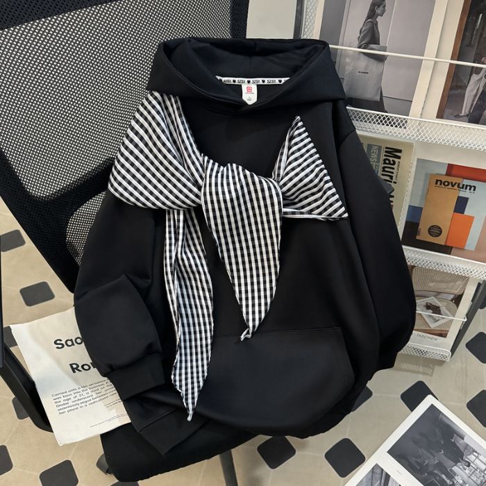 Bow-knot Plaid Strap Hoodie Women's Top