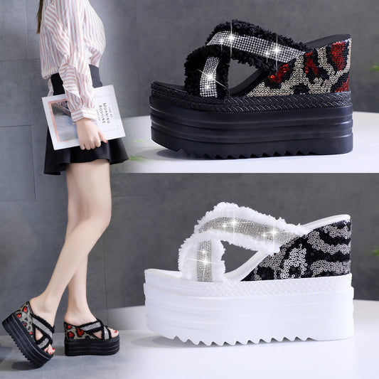 Women's New Wedge Heel Fashion Rhinestone Fish Mouth Shoes 12cm