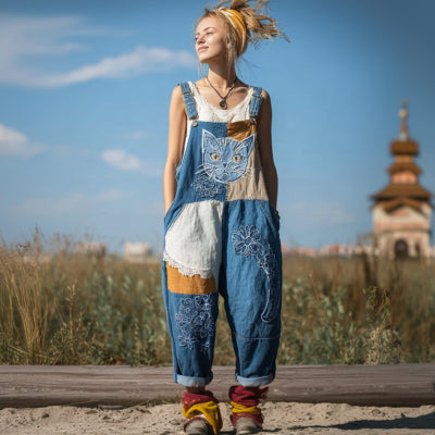 Women's Fresh And Sweet Digital Print Button Suspender Casual Pants