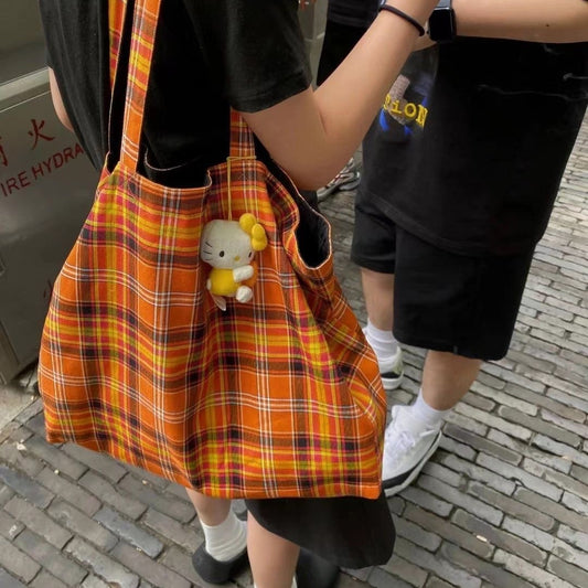 Niche Retro Plaid Orange Tote Bag Portable