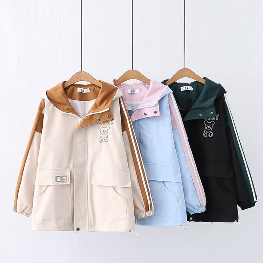 Cartoon Bear Embroidery Hooded Coat For Women