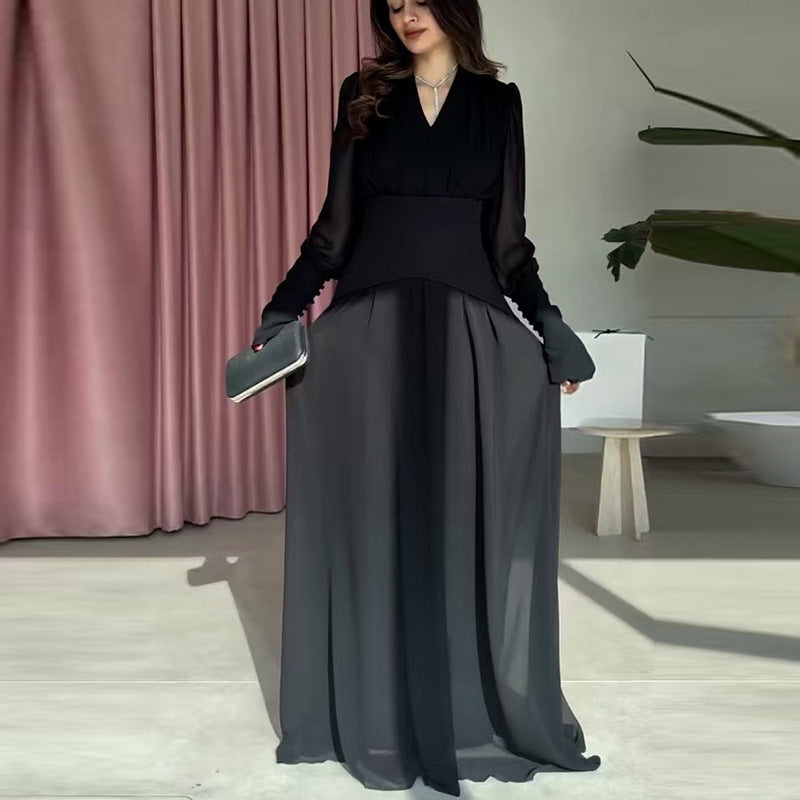 Lace-up V-neck Light-luxury Waist-cinching Maxi Dress With A Flared Hem