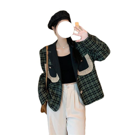 Design Sense Niche Green Plaid Suit Jacket