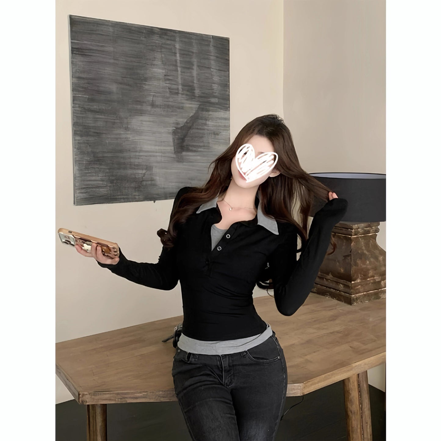 Fake Two Pieces Slim-fit Contrast Colors Women's Long Sleeve