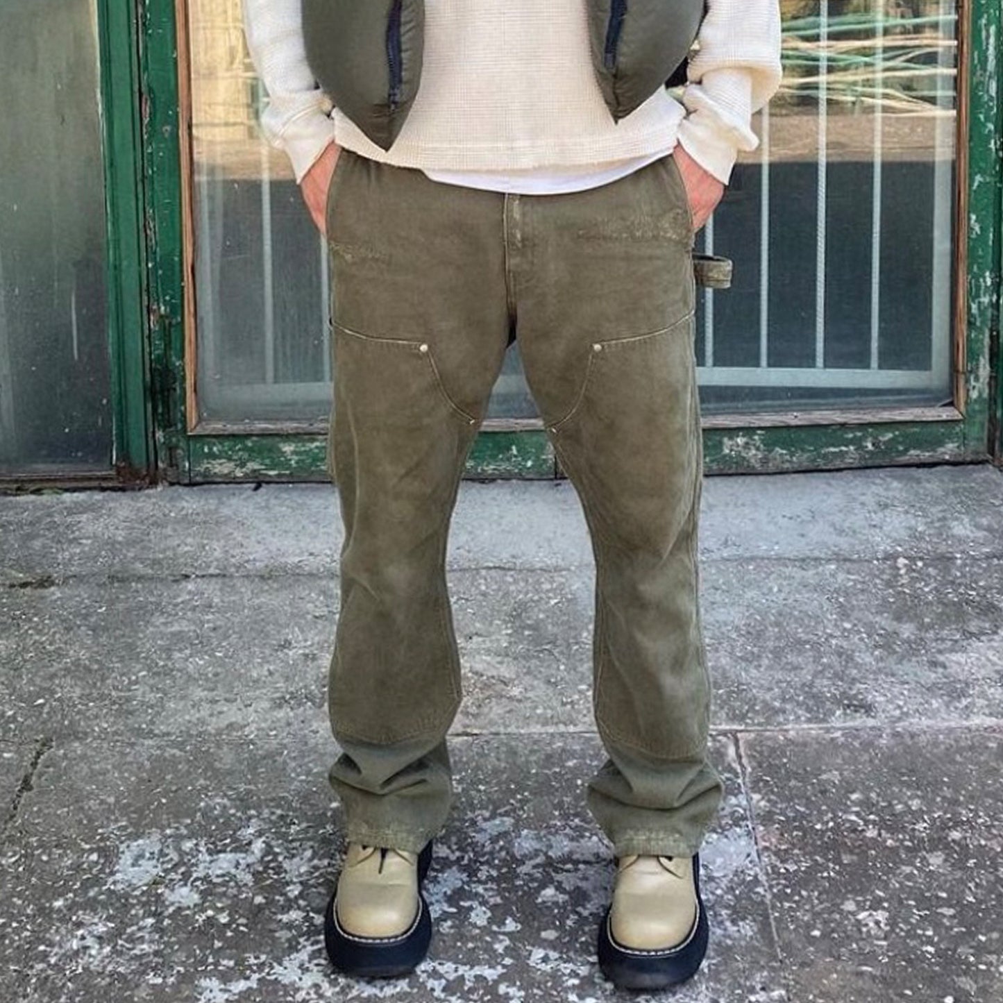 Trousers Unisex Washed Distressed Army Green Jeans