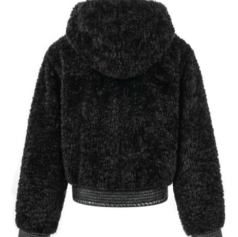Artificial Fur Fleece Hooded Jacket With Leather Trim