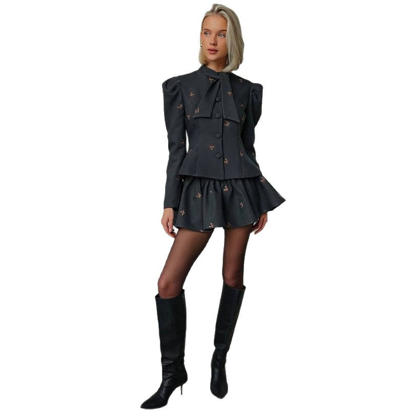 Womens Elegant Gray Commuter Dress Set With Floral Print And Long Sleeves