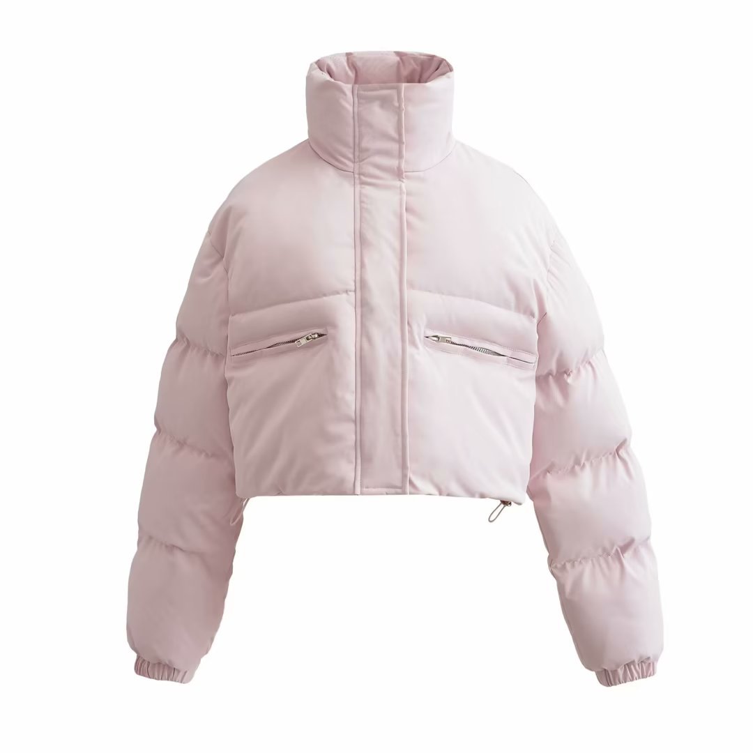 Dunfrakke til vinter med lynlås og opretstående krave i kort design