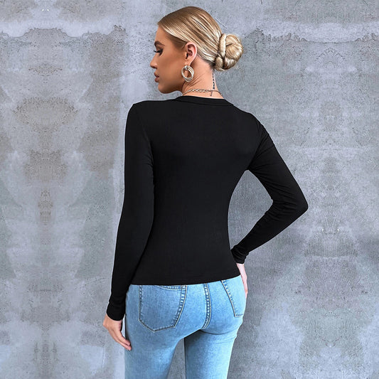 Casual Commuting Long Sleeve Slim Fit Cropped Split Neck Women's T-Shirt