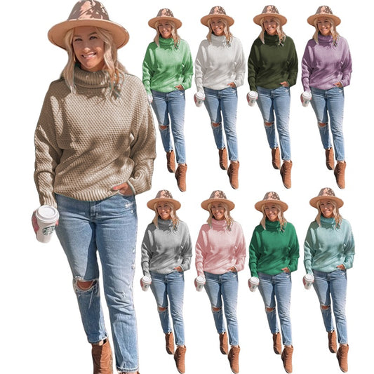 Women's High-neck Long-sleeve Rolled-edge Knit Sweater