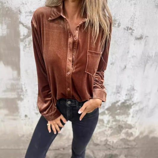 Women's Velvet Long-sleeved Single-breasted Shirt Casual Lapel Long Sleeve Solid Color Tops Daily Wear
