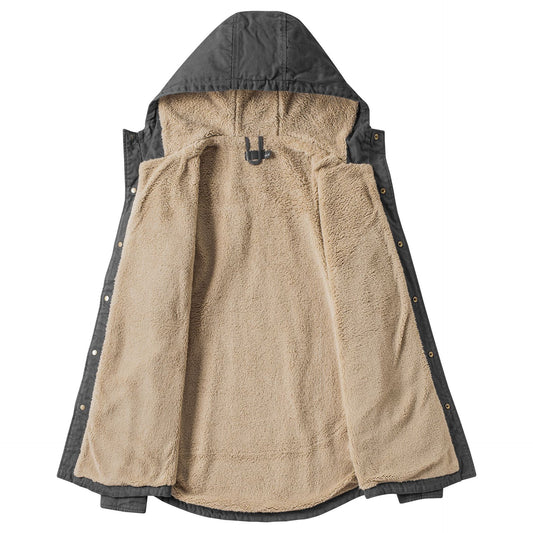Fleece-lined Solid Color Jacket Casual Long Sleeve Shirt Fall Winter Hooded Berber Fleece Coat