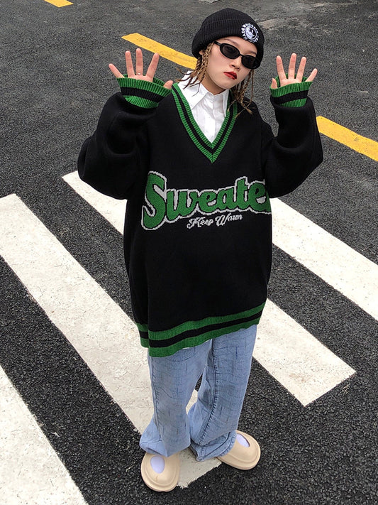Retro amerikansk V-hals langærmet sweater til kvinder