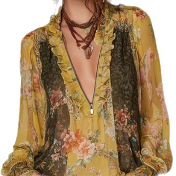 Zip-front Pleated Floral Chiffon Blouse