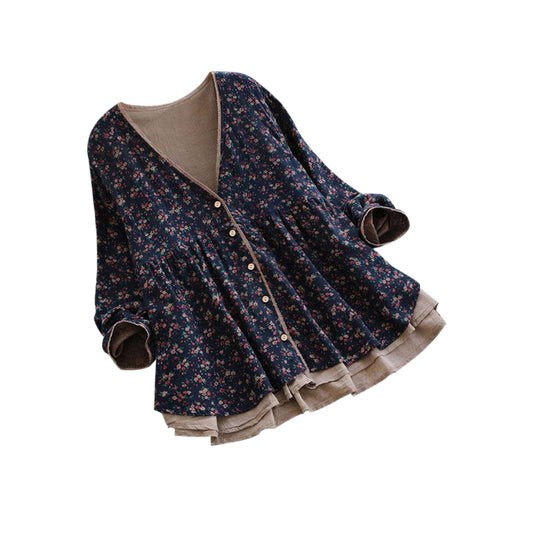Small Floral V-Neck Fake Two Long-Sleeved Loose Large Size Blouses