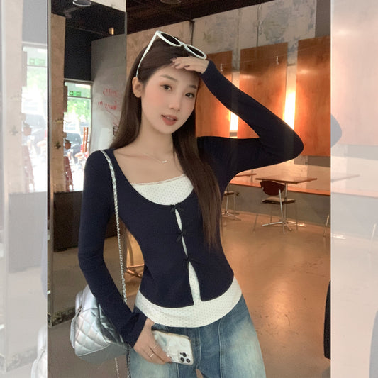 False Two-piece Patchwork Bow Long Sleeve T-shirt Women's Slim Top