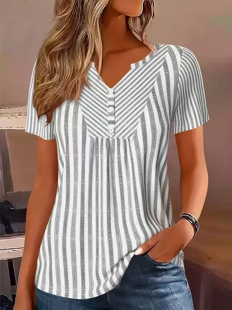 Womens V-neck Striped Patchwork Blouse