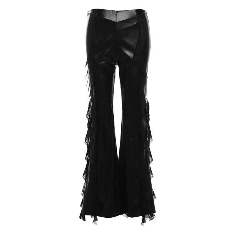 Hot Girl Mesh Stitching Design PU Leather Bootleg Pants Female