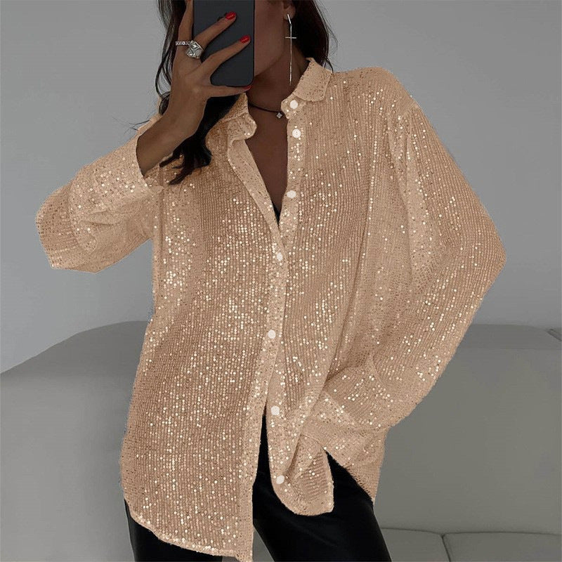 Sequin Lapel Long Sleeve Shirt