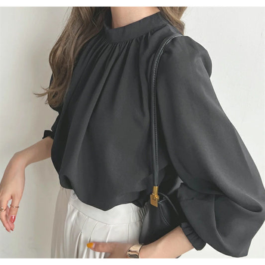 Spring And Summer High-neck Puff Sleeve Chiffon Shirt