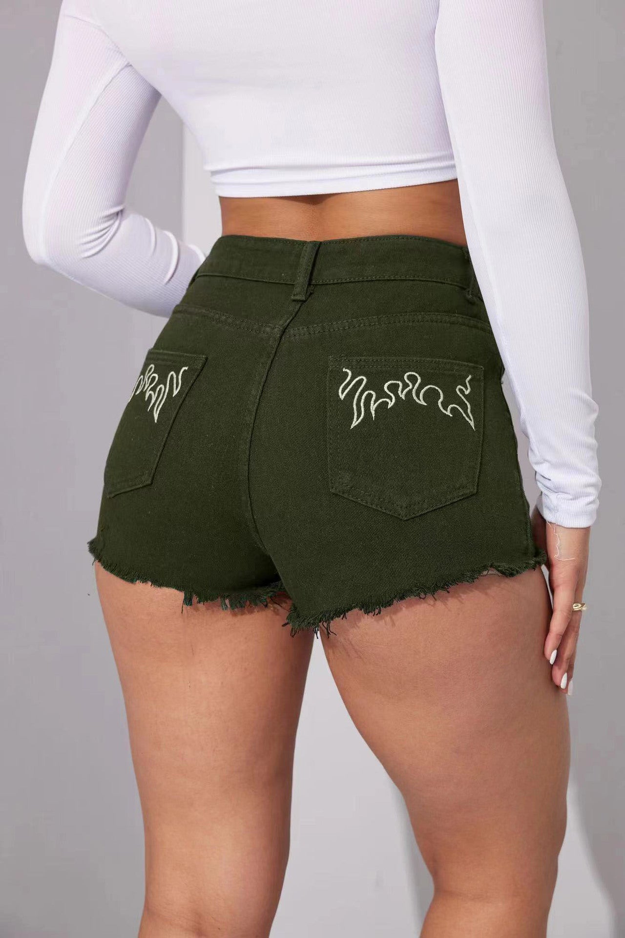 Stylish Non-Stretch Mid-Waist Embroidered Denim Shorts For Women