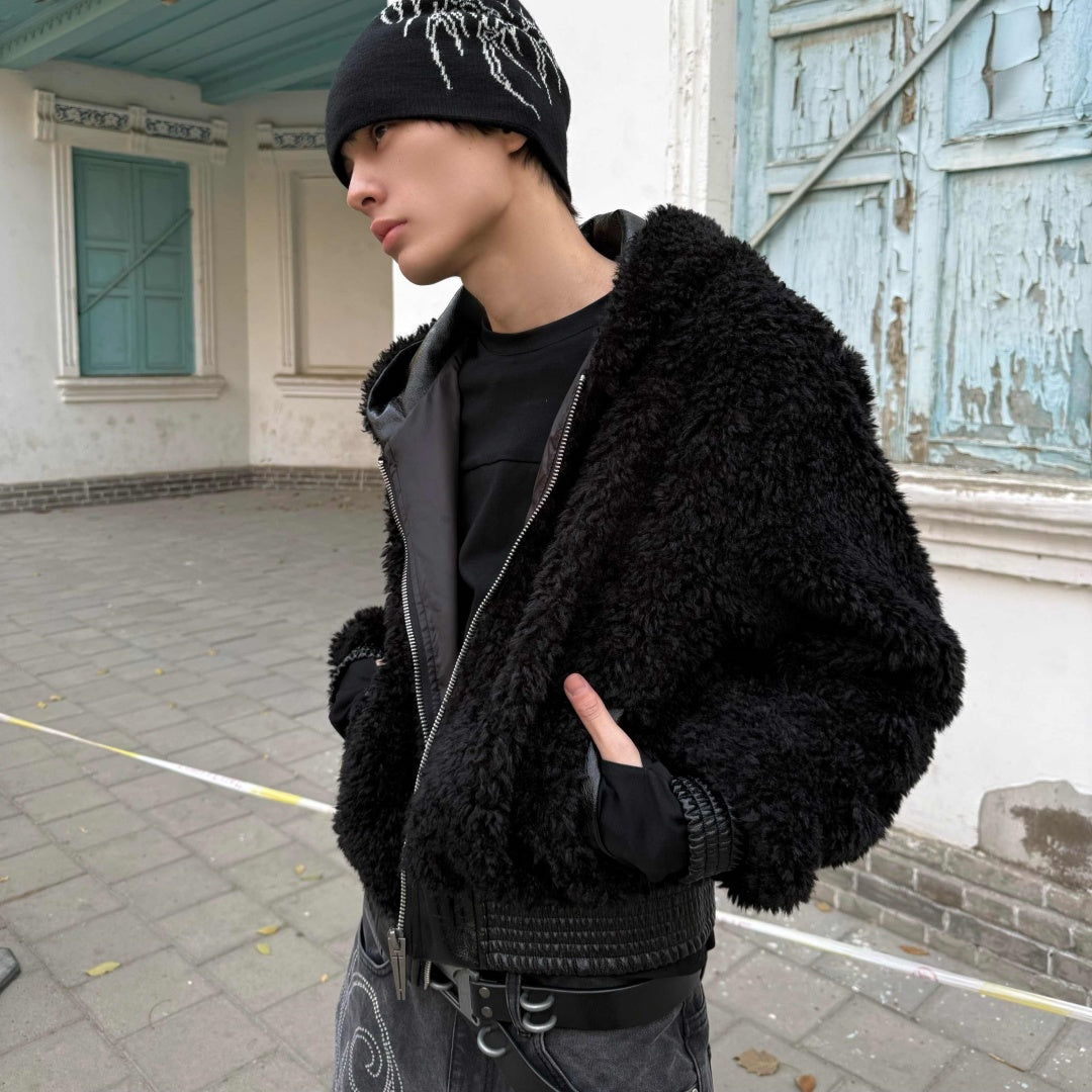 Artificial Fur Fleece Hooded Jacket With Leather Trim