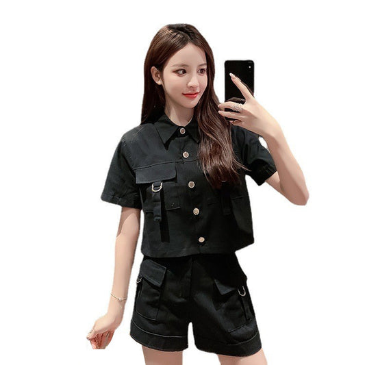 All-matching Work Clothes Style Short Sleeve Jacket Wide Leg Shorts